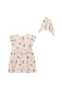 Robe à manches courtes en pêche clair, ornée de motifs estivaux colorés. Comprend un bandeau assorti. Fabriquée en tissu doux et léger.