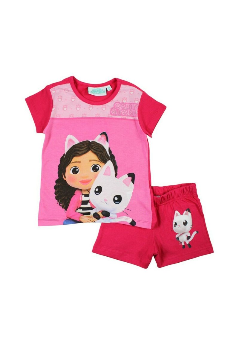 Ensemble deux pièces en coton rose comprenant un t-shirt avec un graphique représentant une fille et un chat, assorti à un short rose uni avec un motif de chat.