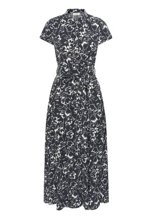 Tmavomodré kvetinové šaty s krátkymi rukávmi, golierom, zapínaním na gombíky vpredu a viazaním v páse. Vyrobené z ľahkej látky s plynulým strihom.