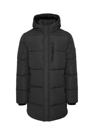Black puffer jacket with a hood, featuring a front zip closure, horizontal stitching, and a zippered pocket on the chest.