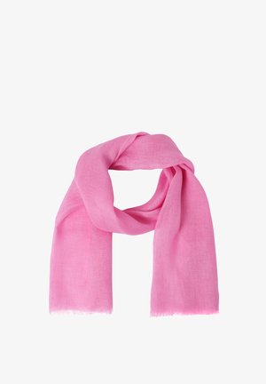 Viegls rozā šalle, kas izgatavota no mīkstas auduma, ar gludu tekstūru un fringu detaļām abos galos, nolikta brīvā cilpā.