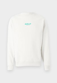 Λευκό φούτερ με στρογγυλή λαιμόκοψη από μαλακό βαμβάκι, με τιρκουάζ λογότυπο "REPLAY" και κείμενο "SINCE 1981" στο στήθος. Απλός σχεδιασμός, μακριά μανίκια.