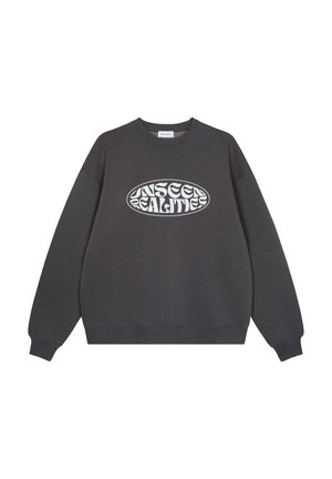 Grauer Sweatshirt aus Baumwolle, mit rundem Halsausschnitt und langen Ärmeln. Zeigt auf der Vorderseite einen weißen Grafikdruck mit "UNSEEN REALITIES".