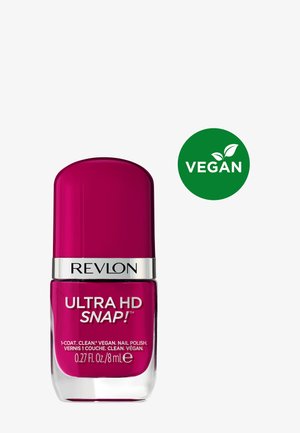 Flaske med vegansk neglelak Revlon Ultra HD Snap i mørkerød, 8 ml, med grønt vegansk certificeringssymbol.