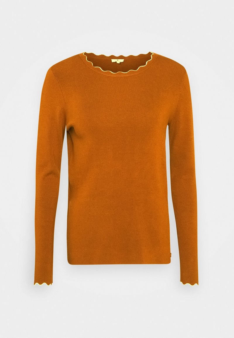 Burnt orange sweater with long sleeves, ribbed texture, and a scalloped yellow neckline detail. Features a slim fit and soft fabric.