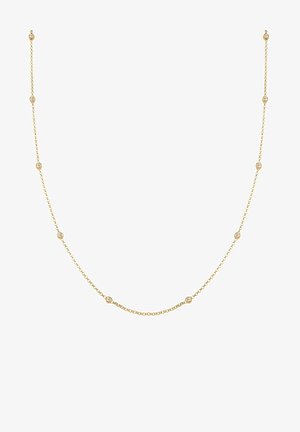 Delikatny złoty łańcuszek z równomiernie rozmieszczonymi małymi, okrągłymi akcentami z diamentów na białym tle.