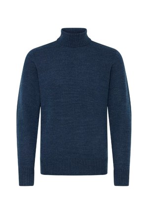 Tengerészkék garbós pulóver texturált anyagból, hosszú ujjak és bordázott részletek a galléron és az alján.
