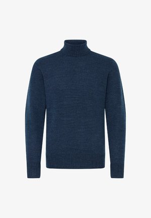 Tengerészkék garbós pulóver texturált anyagból, hosszú ujjak és bordázott részletek a galléron és az alján.