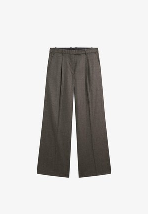 Wide-legged trousers in dark gray fabric with a textured finish, featuring a pleated front and side pockets. Tailored waistband detail.