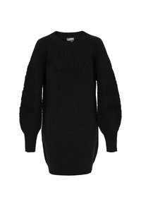 Sort strikket sweater med lange, teksturerede ballonærmer og ribbede manchetter. Har en rund halsudskæring og en let oversized pasform.