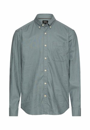 Grijs overhemd met lange mouwen, knopen aan de voorkant, een borstzak en een geknoopt kraagje, gemaakt van een gestructureerde stof.
