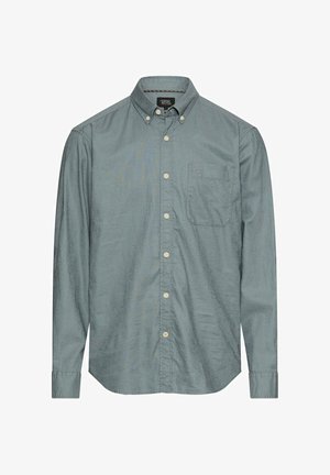 Grijs overhemd met lange mouwen, knopen aan de voorkant, een borstzak en een geknoopt kraagje, gemaakt van een gestructureerde stof.