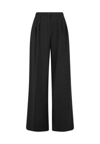 Pantalon noir taille haute à jambes larges avec plis devant, ceinture, fermeture à bouton et jambes amples et fluides sur fond blanc uni.