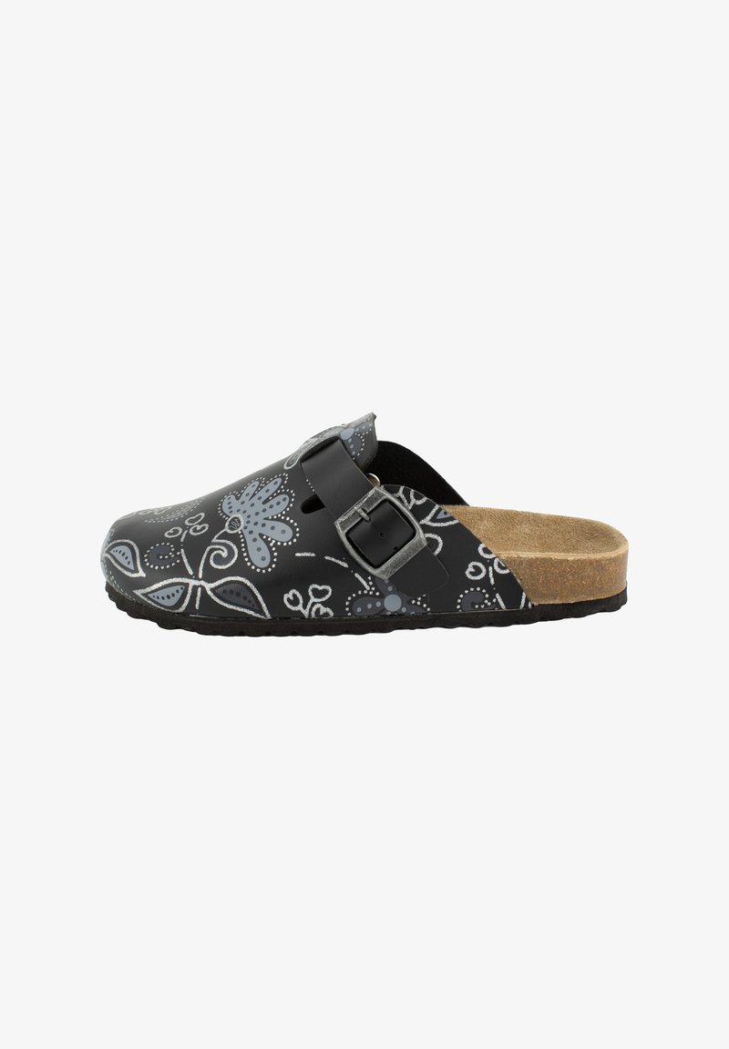 Black clogs with floral pattern in gray, featuring a buckle strap, open back, and a textured cork footbed. Slip-resistant sole.