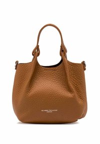 Borsa a mano in pelle color cuoio con finitura testurizzata, due manici corti e design slanciato. Presenta il logo del marchio alla base.