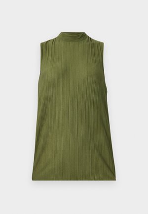 Mouwloos groen top van textuurstof met een verticale ribbelpatroon en een hoge halslijn. Eenvoudige snit, geen extra accenten of patronen.