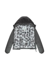 Dunjakke med grå utside og mønstret grå innsiden. Har hette og ribbestrikkede mansjetter. Merke synlig på innsiden.