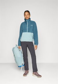 Femme en veste en polaire bleue et pantalon foncé tenant un sac à dos bleu clair, se tenant devant un fond blanc uni.