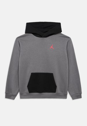 Gray hoodie with black hood and front pocket, featuring small red Jumpman logo on the chest.
