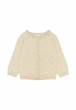 Beżowy sweter z dzianiny z okrągłym dekoltem i rzędem pięciu guzików. Posiada subtelny wzór w kropki oraz prążkowane mankiety i dół.