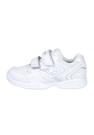 Zapatilla deportiva blanca con dos tiras de velcro ajustables, logo de la marca en el lateral y suela texturizada, mostrada de perfil sobre fondo blanco.