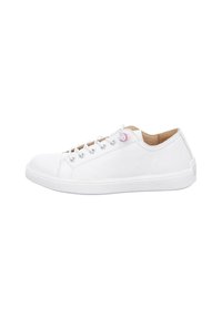 Weiße Leder Sneakers mit glatter Textur, runder Zehenpartie, Gummisohle und einheitlichen Ösen; zusätzlich mit einem subtilen pinken Detail an den Schnürsenkeln.