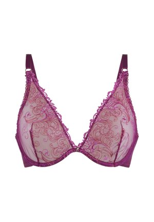 Purple lace bra featuring a delicate swirl pattern, sheer fabric, and adjustable straps. Gold-toned hardware at the center front.