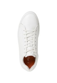 White leather sneaker with a textured surface, lace-up closure, and contrasting orange insole. Rounded toe and minimalist design elements.