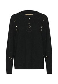 Melns džemperis ar apaļu kakla izgriezumu un garām piedurknēm, ar teksturētu adījuma rakstu un pērļu rotājumiem uz priekšpuses un piedurknēm.