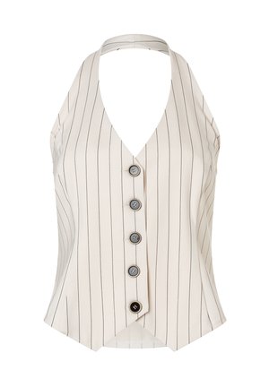 Weißes, ärmelloses Top mit vertikalen schwarzen Streifen. Verfügt über einen tiefen V-Ausschnitt, vier Knöpfe auf der Vorderseite und ein Halter-Design.