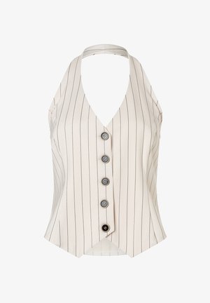 Weißes, ärmelloses Top mit vertikalen schwarzen Streifen. Verfügt über einen tiefen V-Ausschnitt, vier Knöpfe auf der Vorderseite und ein Halter-Design.