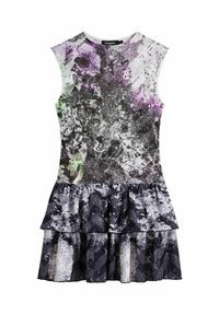 Ärmelloses Kleid mit einem mehrfarbigen Blumen- und abstrakten Muster; verfügt über einen geschichteten, gerafften Saum; aus leichtem Stoff in dunklen Tönen.