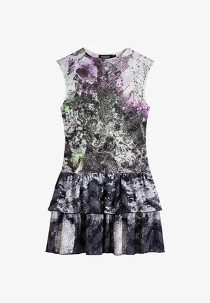 Rochie fără mâneci cu un model floral și abstract multicolor; are un tiv învolburat cu straturi; realizată dintr-un material ușor în tonuri închise.