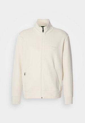 Off-white zip-up jacket with stand collar, long sleeves, side pockets, and subtle "BOSS" logo on the left chest.