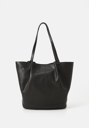 Black leather tote bag with a textured surface, two long handles, and an open top design. Simple and practical shape.