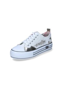 Sneaker bianco in tela con accenti metallici argentati, punta rotonda, suola in gomma bianca e fodera a fantasia floreale. Presenta elementi decorativi.
