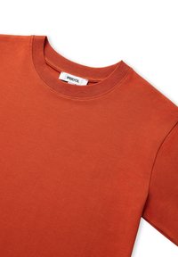 T-shirt a maniche corte, con collo rotondo, di un colore arancione bruciato uniforme. Tessuto morbido e liscio con dettagli di cucitura ridotti al minimo e un'etichetta sul collo.