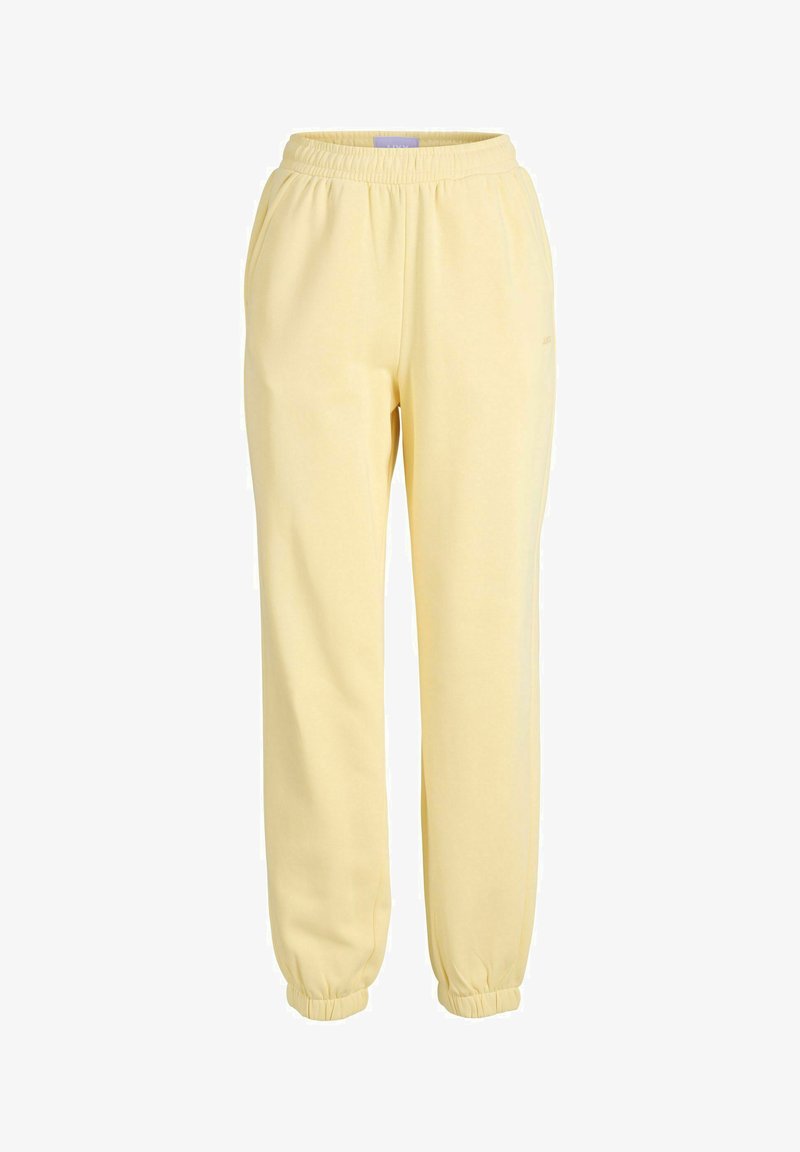 Gule bomullsbukser med elastisk midje, sidelommer og ribbede mansjetter. Glatt tekstur og avslappet passform.