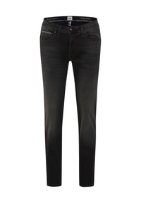 Schwarze Denim-Jeans mit schlanker Passform, fünf Taschen, dezenten Nähdetails und einem Knopf- und Reißverschluss.