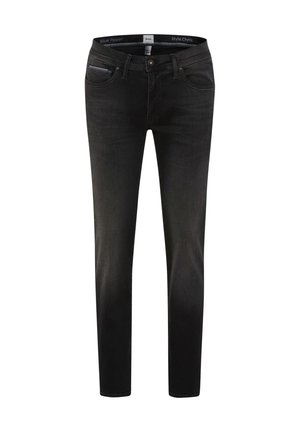 Jeans in denim nero con una vestibilità slim, design a cinque tasche, dettagli di cucitura discreti e chiusura con bottone e zip.