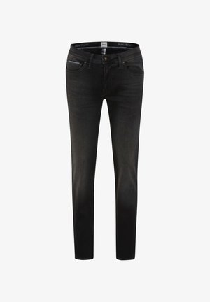 Sorte denim jeans med slim fit, fem-lomme design, subtile syninger og en knap- og lynlås-lukning.
