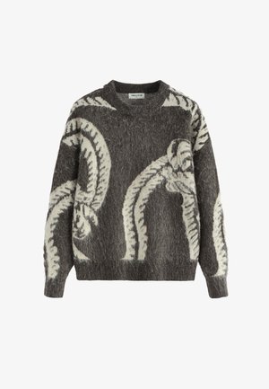 Pull gris foncé en peluche avec de grands motifs de nœuds en corde crème sur le devant et les manches, col rond et poignets et ourlet côtelés.