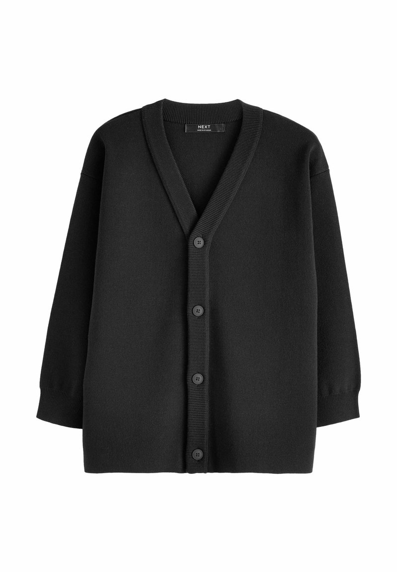 Sort strikket cardigan med V-hals, langeærmer og seks knapper foran. Har ribbede manchetter og søm for ekstra tekstur.