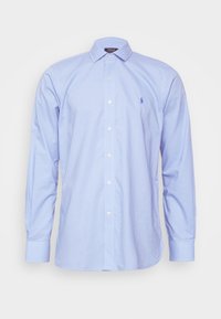 Camicia azzurra a maniche lunghe con bottoni, con un piccolo motivo a scacchi, colletto classico e logo ricamato sul lato sinistro del petto.