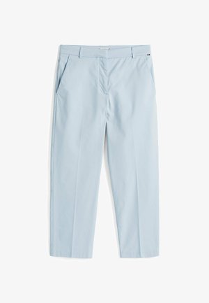 Lichtblauwe broek van gladde stof, met een ritssluiting aan de voorkant, twee zijzakken en een getailleerde pasvorm met plooien.