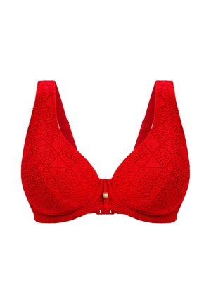 Sujetador moldeado rojo con diseño de encaje texturizado, banda ancha y tirantes ajustables. Cuenta con un cierre decorativo en tono dorado en la parte delantera.