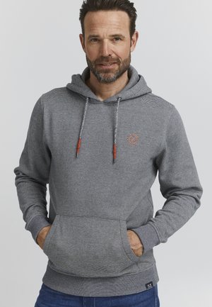 Gray striped hoodie with a front pocket, drawstrings with red accents, and a small logo on the chest. Soft texture and ribbed cuffs.
