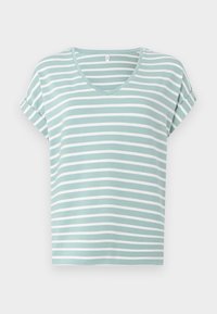 Lyse teal kortærmet t-shirt med hvide vandrette striber, der har V-udskæring og oprullede ærmer, lavet af blødt, glat stof.
