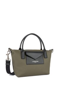 Borsa a tracolla verde oliva con dettagli in pelle nera, caratterizzata da doppi manici, una tasca con patta anteriore e una tracolla removibile.