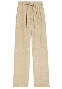Beżowe, wysokie spodnie lniane o szerokich nogawkach z plisami i pasującym paskiem z tkaniny przewiązanym w talii.